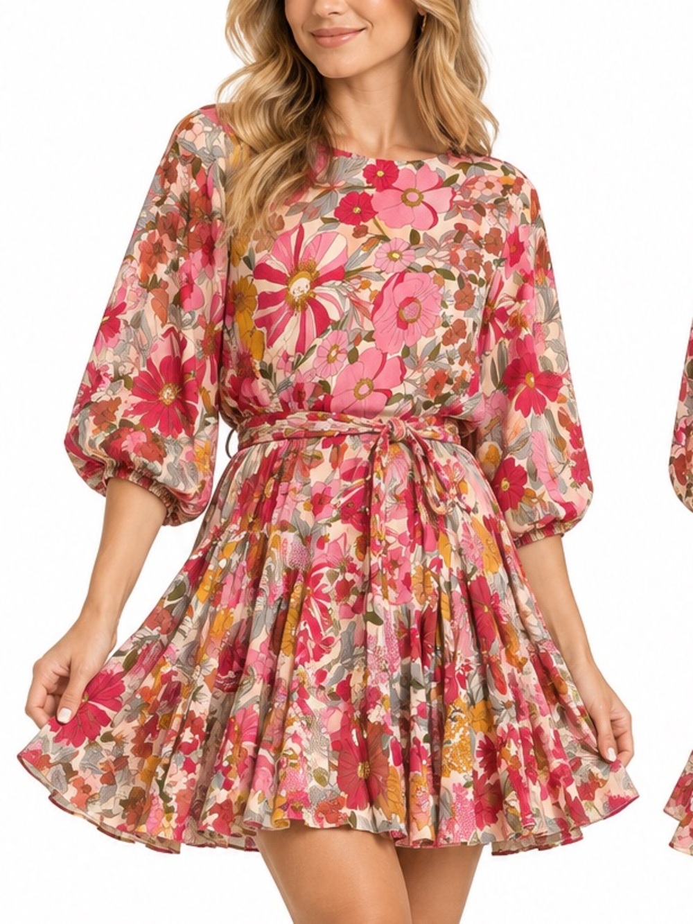 Aakaa Pink Floral Tie-Waist Mini Dress M. NWT